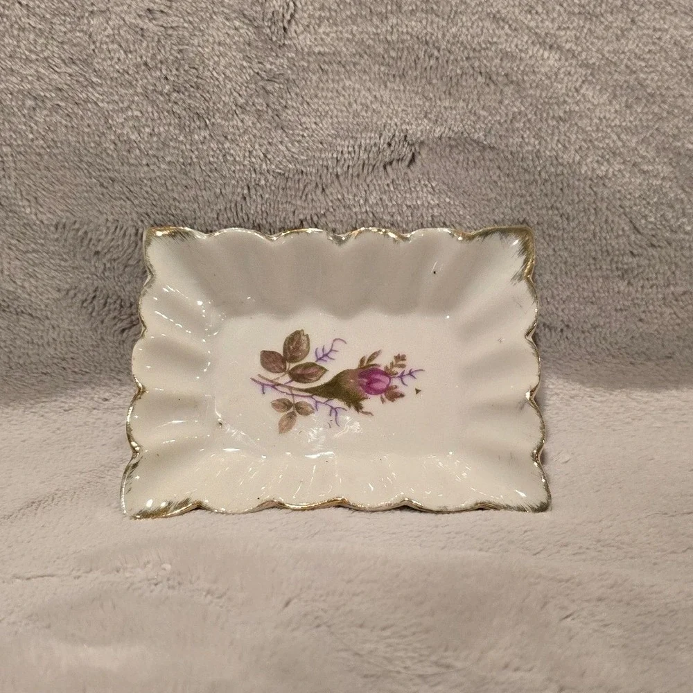 Vintage Porcelain Trinket Dish Floral Rose Design Gold Trim Japan 3.5x2 5
